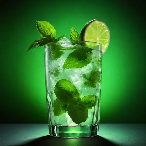 ice cold mojito, mint leaves, lime wedge
dark room, mood lighting, neon lighting in background
isolated product shot, professional, ultra-detailed photography, Nikon 70d, subsurface scattering, HDR, chromatic aberration, volumetrics dtx