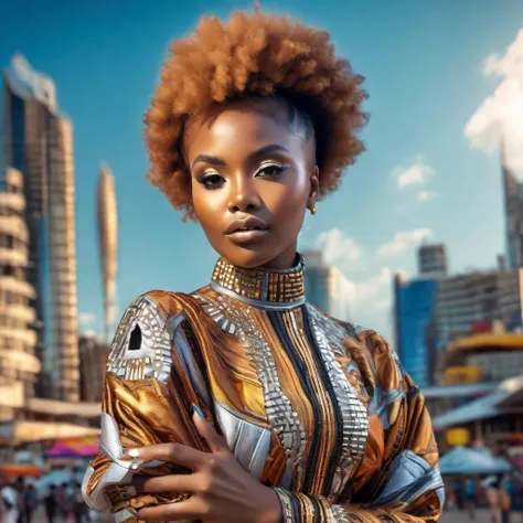 photo of a beautiful Nigerian woman, beautiful eyes, trendy hairstyle, chic outfit
Afrofuturism setting, futuristic marketplace background, detailed
natural lighting, Nikon 70d, subsurface scattering, HDR, chromatic aberration, volumetrics dtx