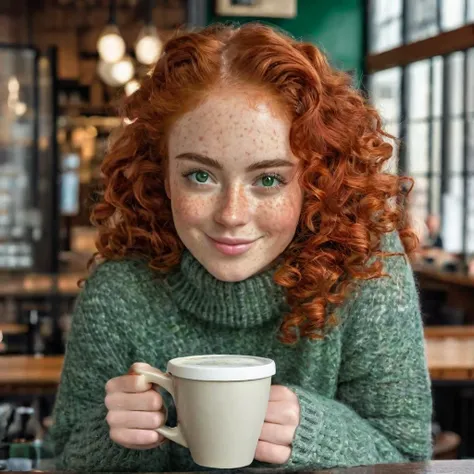 beautiful woman, beautiful (green eyes), curly red hair, freckles, smiling
(gray wool sweater), rainy day, coffee shop, detailed background
hyperdetailed photography, natural lighting, Nikon 70d, subsurface scattering, HDR, chromatic aberration, volumetrics dtx