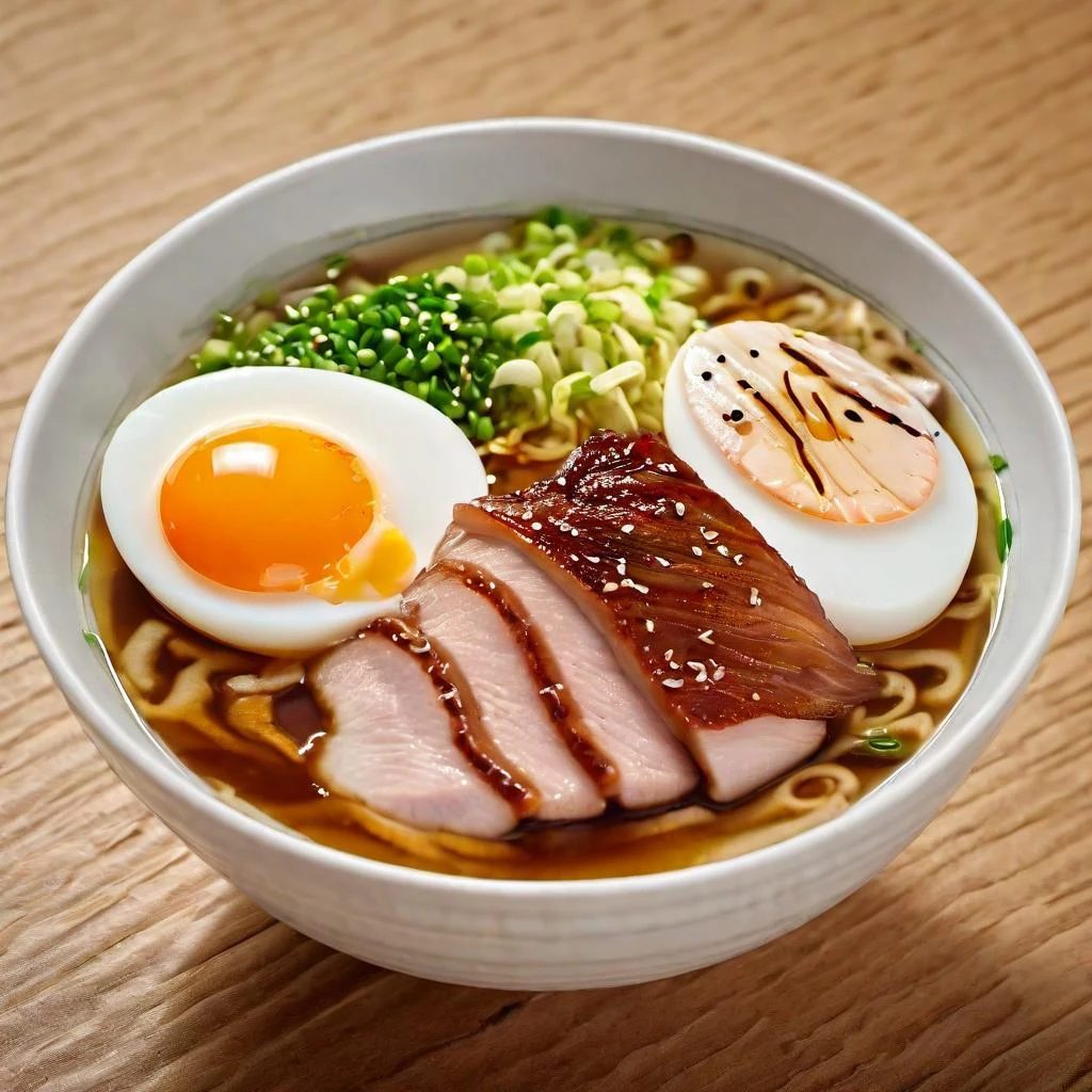 bowl of tonkotsu ramen, slices of braised pork belly, soy-marinated soft boiled egg, drizzle of burnt garlic oil across all, chopped scallions sprinkled over top
angled, isolated product shot, professional, ultra-detailed photography, Nikon 70d, subsurface scattering, HDR, chromatic aberration, volumetrics dtx