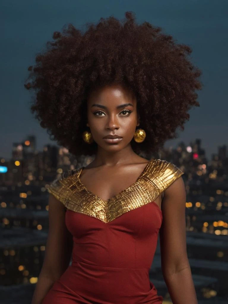 In this portrait, a black woman with natural hair and brown eyes poses against a cityscape backdrop. The low-key lighting accentuates her features. She's dressed in a red dress with gold accents, representing Afrofuturism fashion. Captured with a Canon EOS 5D Mark IV, the photo emphasizes the details of her face and hair for a stylish and powerful portrait.