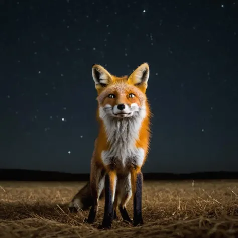 In this striking portrait Shot with a Canon EOS 5D Mark IV, a fox stands in an empty field under a dark, starry sky. The dramatic lighting accentuates the fox's features, enhancing its fur and golden eyes. The image captures the intricate details of its fur against the enchanting backdrop of the cosmos and night sky.