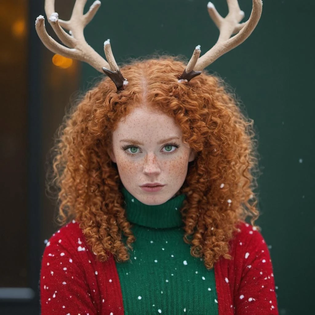 In this striking portrait captured with the Canon EOS 5D Mark IV, a beautiful ginger woman with curly hair, a sea of freckles, and captivating green hazel eyes stands outdoors near a coffee shop in the snow. Despite her unexpected appearance in a (red Christmas sweater:1.3) with (reindeer horns:1.4), she exudes a (fierce:1.3), (angry:1.3), and (barbarian-like persona:1.3), making for a truly unique and dramatic image.