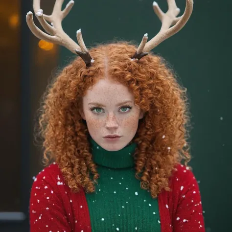 In this striking portrait captured with the Canon EOS 5D Mark IV, a beautiful ginger woman with curly hair, a sea of freckles, and captivating green hazel eyes stands outdoors near a coffee shop in the snow. Despite her unexpected appearance in a (red Christmas sweater:1.3) with (reindeer horns:1.4), she exudes a (fierce:1.3), (angry:1.3), and (barbarian-like persona:1.3), making for a truly unique and dramatic image.