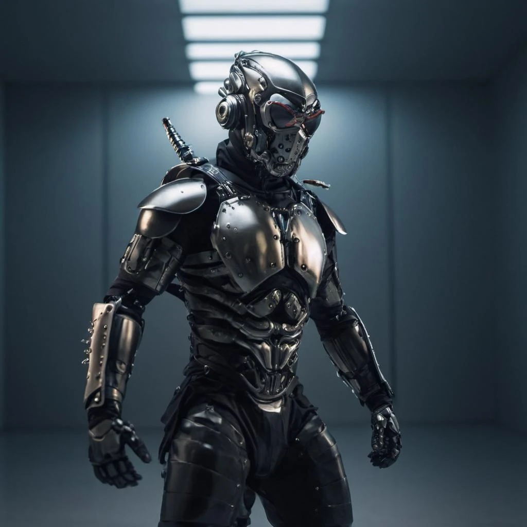 In this dramatic action shot Captured with the Canon EOS 5D Mark IV, a cyborg ninja dons a sleek, beetle-inspired chitinous armor, blending organic aesthetics with technological prowess. The laboratory background is enhanced by cinematic and edge lighting, creating a captivating atmosphere.