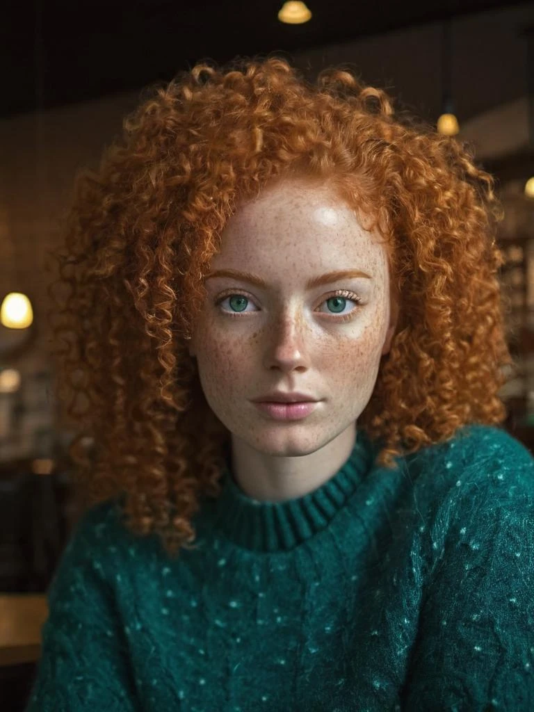 In this portrait, a ginger woman with curly hair, freckles, and green hazel eyes is captured in a cozy coffee cafe with dramatic low-key lighting. She wears a peacock blue sweater, creating a winter ambiance. The photo was taken with a Canon EOS 5D Mark IV, emphasizing the details of her face and hair.