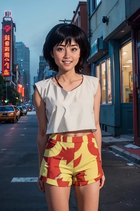 Kaori,black eyes,black hair,white shirt, sleeveless, midriff, shorts, looking at viewer, smiling, standing, outside, city, street, neon lighting, dusk, twilight sky, high quality, masterpiece, <lora:Kaori:.6>