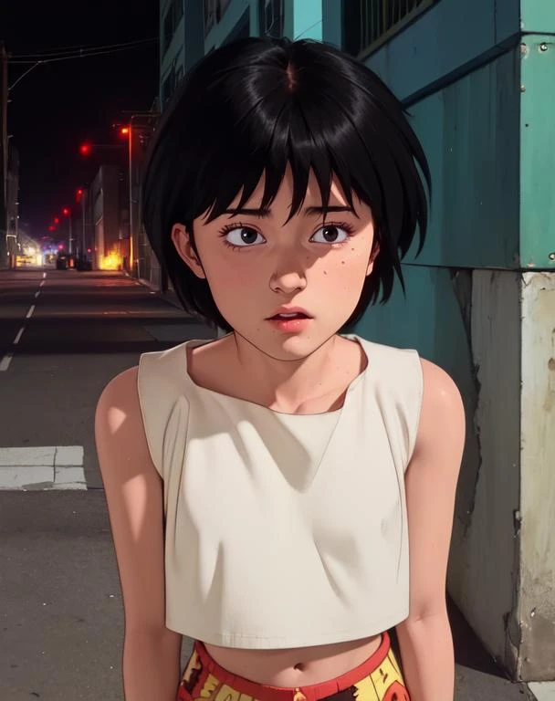 Kaori,black eyes,black hair,
white shirt,midriff,pattern shorts,sleeveless,
night,sidewalk,wall,nervous,
(insanely detailed, beautiful detailed face, masterpiece, best quality),<lora:Kaori:0.8>,