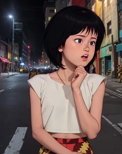 Kaori,black eyes,black hair,
white shirt,midriff,pattern shorts,sleeveless,
standing,upper body,surprised,
night,city,sidewalk,
(insanely detailed, beautiful detailed face, masterpiece, best quality),<lora:Kaori:0.8>,