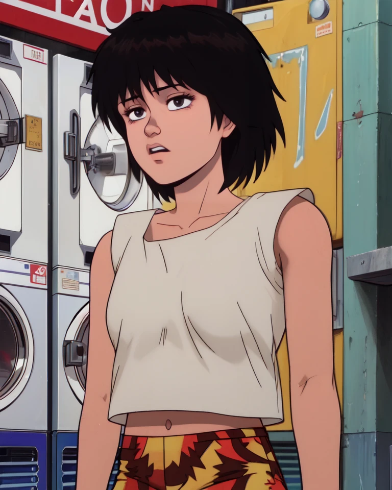 Kaori,black eyes,black hair, white shirt,midriff,pattern shorts,sleeveless, standing,upper body, laundromat,
(insanely detailed, beautiful detailed face, masterpiece, best quality),<lora:Kaori:0.8>,