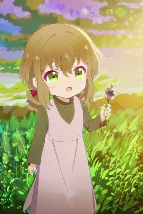 ((((((exorbitantly fantastically beautiful illustrated picture-perfect))))))   ((( shiny toddler shuri , brown hair, solo, 1girl, amethyst green eyes, hair between eyes, anime coloring <lora:Shuri-05:1>))) (((outdoors, clouds and fields in background, sunny summer day)))