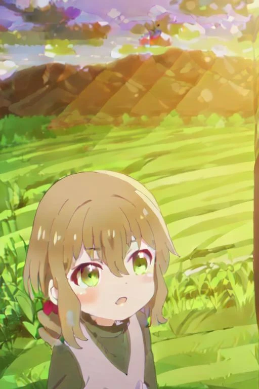 ((((((exorbitantly fantastically beautiful illustrated picture-perfect)))))) ((( shiny ddler shuri , brown hair, solo, 1girl, amethyst green eyes, hair between eyes, anime coloring <lora:Shuri-05:1>))) (((outdoors, clouds and fields in background, sunny summer day)))