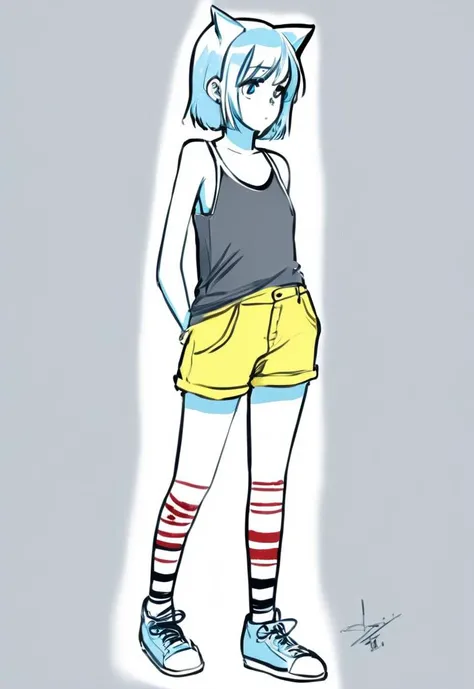cat ears,aogami,1girl,blue eyes,heterochromia ,freckles,thick brows,short hair,multicolored hair, red black hair,dead eyes,sad,standing,full body, striped tank top, yellow shorts,white stockings, simple background,loose clothes
BREAK ( pencil\(medium\):1.4),lineart,sketch,drawing on paper\(medium\),drawing,rough sketch,charcoal,(paper texture:1.4), watercolors, traditional medium
<lora:aogami_v23_96:0.7>