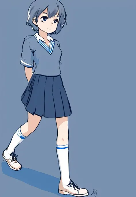 masterpiece,chiaroscuro, high quality,intristic,detailed,flat chest, small breasts,1girl,very short dark hair, straight hair, blue eyes,,dutch angle,
five fingers,school uniform,white socks,skirt, simple background, full body, standing, skindentation,aogami
<lora:aogami_v23:1>