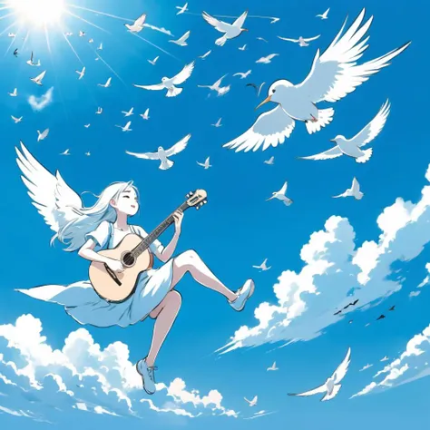 1girl, beauty, pretty gril playing a music instrument (music:2), <lora:aogami_v23:1> aogami, monochrome, lineart, on the sky . flying with birds . (dynamic angle:1.4) . the most beautiful form of chaos . the blue sky, surround by birds . clouds . sun . perfect view, ultra wide angle