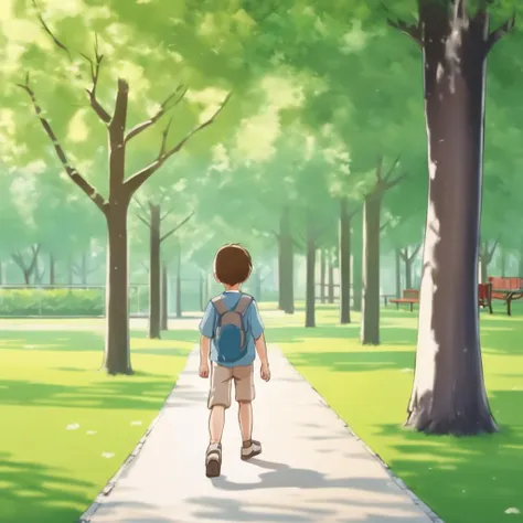 boy walking in a park, aogami, hight detail uhd background <lora:aogami_v23:1>