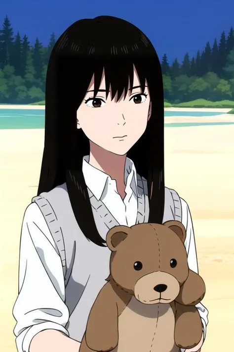 masterpiece, highres, best quality, 4k, 1girl, <lora:MizuhoR4:0.8>, MizuhoR4, upper body, beach, black_eyes, black_hair, blue_sky, cloud, cloudy_sky, collared_shirt, day, earrings, holding, horizon, jewelry, lake, long_hair, mountain, mountainous_horizon, ocean, outdoors, palm_tree, sand, shirt, shore, sky, sleeves_rolled_up, solo, stuffed_animal, stuffed_toy, sunset, sweater_vest, tree, water, white_shirt