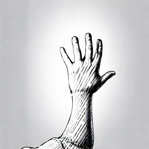 A drawing of a hand holding a knife with one finger up, desenho com tinta, hand drawn illustration, hand drawing, dedos retorcidos, sketch illustration, Alex Pardee, dedos longos, middle finger, perfectly drawn hands, hand draw, hand of fear, closeup estilo gesto pesado, design de tatuagem conceitual, Directed by: Robert Maguire, detalhado, but rough, high detail of a hand