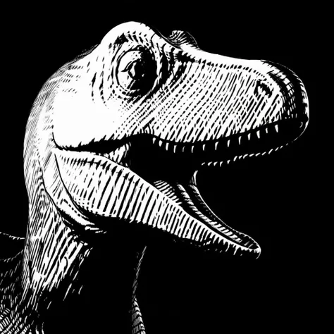 1830,black and white, black background, acid holes, medium close-up, anthropomorphic dinosaur, uncropped, strong contrast, <lora:CrossHatchXL:1>, black and white inked drawing,