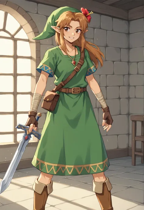 1girl, solo, long hair, brown hair, brown eyes, hair flower, hibiscus, necklace, indoors, dungeon, smile, link,  green hat, green shirt, green pants, fingerless gloves, brown boots, holding sword, holding shield, triforce print,   <lora:Marin_zelda:1>, score_9, score_8_up, score_7_up, score_6_up, score_5_up, score_4_up, BREAK source_anime, masterpiece