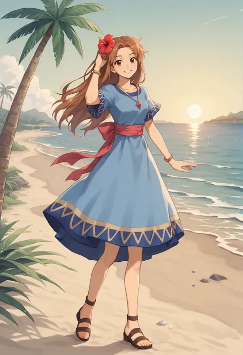 1girl, long hair, brown hair, brown eyes, hair flower, hibiscus, necklace, blue dress, sash, bracelet, jewelry, sandals, outdoors, beach, shore, palm tree, sunset, looking at viewer, smile, hand on hair, wind  <lora:Marin_zelda:1>, score_9, score_8_up, score_7_up, score_6_up, score_5_up, score_4_up, BREAK source_anime, masterpiece