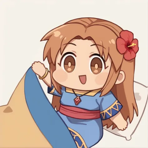 Seggs, chibi, open mouth, smile <lora:Seggs_XLPD:1.1> (english text -' CHIBI?! ')    long hair, brown hair, brown eyes, hair flower, hibiscus, necklace, blue dress, sash, bracelet, jewelry,  <lora:Marin_zelda:1>, score_9, score_8_up, score_7_up, score_6_up, score_5_up, score_4_up, BREAK source_anime, masterpiece