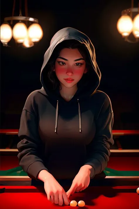 DEN_evgenia_talaninaMK2,
playing snooker in a dark atmospheric pool hall wearing casual clothing and a hoodie, atmospheric, snooker, cue, playing snooker, leaning over the table,
bokeh, f1.4, 40mm, photorealistic, raw, 8k, textured skin, skin pores, intricate details <lora:epi_noiseoffset2:1>, epiCRealism <lora:ClothingAdjuster3:-1.3>