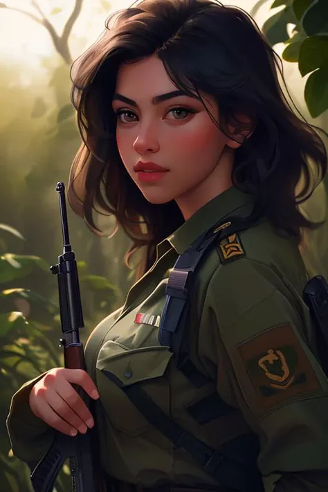 DEN_evgenia_talaninaMK2,
a (soldier:1.1) in the jungle on manoeuvrers wearing (army fatigues:1.2) and holding a rifle, (camouflage:1.2), military, uniform, military, camouflage uniform,
bokeh, f1.4, 40mm, photorealistic, raw, 8k, textured skin, skin pores, intricate details <lora:epi_noiseoffset2:1>, epiCRealism <lora:ClothingAdjuster3:-1.3>