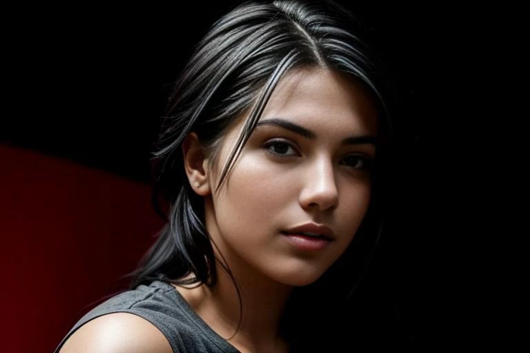 portrait of DEN_evgenia_talanina wearing a plain top, [Red lighting], ((headshot)), clothes, dressed, plain top, top, shirt, t-shirt, face focus, black background, shadows, dramatic,
photorealistic, high detail, detailed, beautiful, <lora:epi_noiseoffset2:1> <lora:add_detail:1>