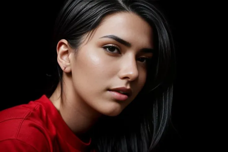 portrait of DEN_evgenia_talanina wearing a plain top, [Red lighting], ((headshot)), clothes, dressed, plain top, top, shirt, t-shirt, face focus, black background, shadows, dramatic,
photorealistic, high detail, detailed, beautiful, <lora:epi_noiseoffset2:1> <lora:add_detail:1>