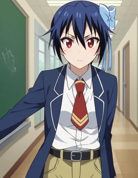 score_9, score_8_up, score_7_up, source_anime,
seishiroutsugumi, <lora:seishirou-tsugumi-ponyxl-lora-nochekaiser:1>,
seishirou tsugumi, short hair, red eyes, bow, blue hair, hair bow, mole, mole under eye, blue bow,
blazer, shirt, long sleeves, white shirt, necktie, collared shirt, belt, pants, red necktie,
indoors, classroom, hallway,
looking at viewer, cowboy shot, dutch angle,