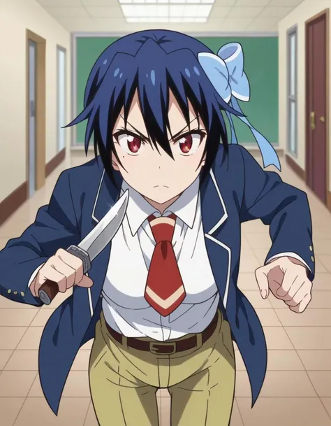 score_9, score_8_up, score_7_up, source_anime,
seishiroutsugumi, <lora:seishirou-tsugumi-ponyxl-lora-nochekaiser:1>,
seishirou tsugumi, short hair, red eyes, bow, blue hair, hair bow, mole, mole under eye, blue bow,
blazer, shirt, long sleeves, white shirt, necktie, collared shirt, belt, pants, red necktie,
indoors, classroom, hallway,
looking at viewer, cowboy shot, dutch angle, fighting stance, weapon, chain, knife,