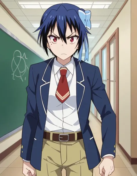 score_9, score_8_up, score_7_up, source_anime,
seishiroutsugumi, <lora:seishirou-tsugumi-ponyxl-lora-nochekaiser:1>,
seishirou tsugumi, short hair, red eyes, bow, blue hair, hair bow, mole, mole under eye, blue bow, angry, anger vein,
blazer, shirt, long sleeves, white shirt, necktie, collared shirt, belt, pants, red necktie,
indoors, classroom, hallway,
looking at viewer, cowboy shot, dutch angle,