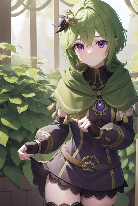 collei, <lyco:collei-lyco-nochekaiser:1>,
collei, crossed bangs, green hair, hair ornament, medium hair, (purple eyes:1.1), sidelocks,
BREAK black gloves, black skirt, black straps, bridal gauntlets, brown thighhighs, capelet, detached sleeves, gem, gloves, green capelet, green gemstone, jewelry, long sleeves, puffy long sleeves, puffy sleeves, shirt, skirt, sleeveless, sleeveless shirt, thighhighs, zettai ryouiki
BREAK outdoors, nature, forest,
BREAK looking at viewer, (cowboy shot:1.5), upper body,
BREAK <lyco:GoodHands-beta2:1>, (masterpiece:1.2), best quality, high resolution, unity 8k wallpaper, (illustration:0.8), (beautiful detailed eyes:1.6), extremely detailed face, perfect lighting, extremely detailed CG, (perfect hands, perfect anatomy),