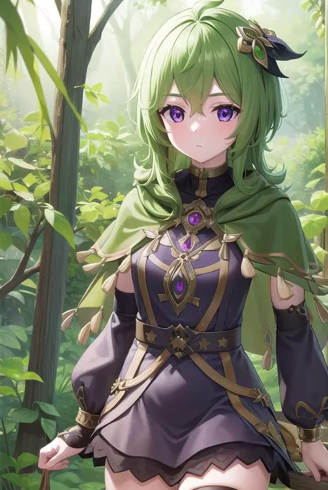 collei, <lyco:collei-lyco-nochekaiser:1>,
collei, crossed bangs, green hair, hair ornament, medium hair, (purple eyes:1.1), sidelocks,
BREAK black gloves, black skirt, black straps, bridal gauntlets, brown thighhighs, capelet, detached sleeves, gem, gloves, green capelet, green gemstone, jewelry, long sleeves, puffy long sleeves, puffy sleeves, shirt, skirt, sleeveless, sleeveless shirt, thighhighs, zettai ryouiki
BREAK outdoors, nature, forest,
BREAK looking at viewer, (cowboy shot:1.5), upper body,
BREAK <lyco:GoodHands-beta2:1>, (masterpiece:1.2), best quality, high resolution, unity 8k wallpaper, (illustration:0.8), (beautiful detailed eyes:1.6), extremely detailed face, perfect lighting, extremely detailed CG, (perfect hands, perfect anatomy),