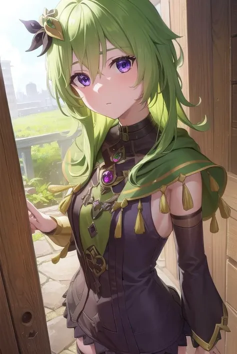 collei, <lyco:collei-lyco-nochekaiser:1>,
collei, crossed bangs, green hair, hair ornament, medium hair, (purple eyes:1.1), sidelocks,
BREAK black gloves, black skirt, black straps, bridal gauntlets, brown thighhighs, capelet, detached sleeves, gem, gloves, green capelet, green gemstone, jewelry, long sleeves, puffy long sleeves, puffy sleeves, shirt, skirt, sleeveless, sleeveless shirt, thighhighs, zettai ryouiki
BREAK outdoors, nature, forest,
BREAK looking at viewer, (cowboy shot:1.5), upper body,
BREAK <lyco:GoodHands-beta2:1>, (masterpiece:1.2), best quality, high resolution, unity 8k wallpaper, (illustration:0.8), (beautiful detailed eyes:1.6), extremely detailed face, perfect lighting, extremely detailed CG, (perfect hands, perfect anatomy),
