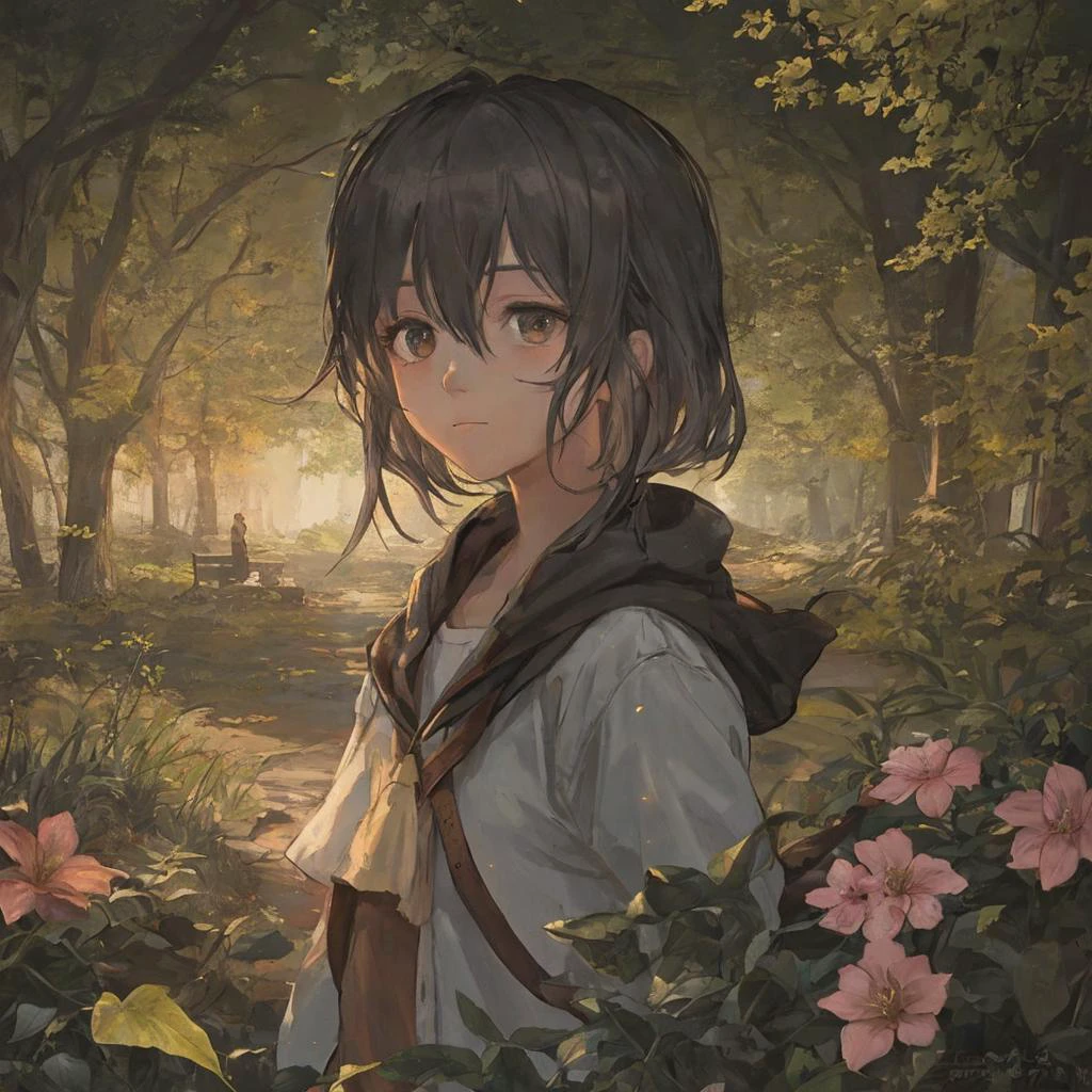 (best quality),(cinematic lighting),(disheveled hair)
,Ethereal atmosphere,Create a sense of depth with overlapping elements
,
,character sheet
, (An adorable 12-year-old girl, with a curious expression as she examines a flower):1.5
,
,,Offended,enjoying
,(tanned skin):1.5
,hair over eyes
,
BREAK
,Tranquil, twilight-lit park
BREAK
,Enchanting forest leaves
BREAK
,
BREAK
,Pointillism with small, distinct dots of color