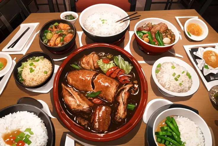 pov, today's dinner, chinese food, rice in one small bow, fish and cabbage in one big plate, soup in a big bow at middle of table, wood table