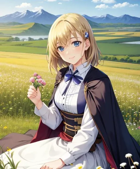 portrait, (adult woman), sitting, picking flowers, (1girl, solo), smile, (blonde hair), ((field, rolling hills)), (distant mountains), ((best quality, high detail)), ((masterpiece)), hairclip, cape, <lora:1_dpminase_20e:1>