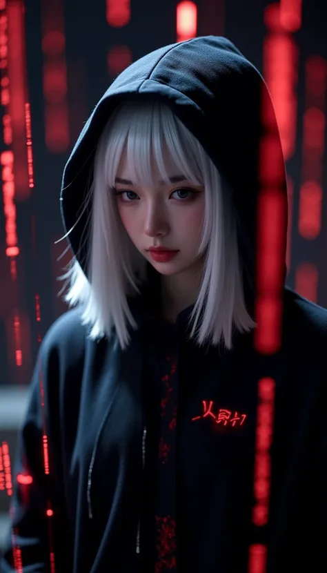 Create a photorealistic image of a white-haired young female hacker, cloaked in a hood, surrounded by floating red digital code. The setting should be a dark, futuristic environment, with the image having a cinematic quality and showcasing a high level of detail and realism.