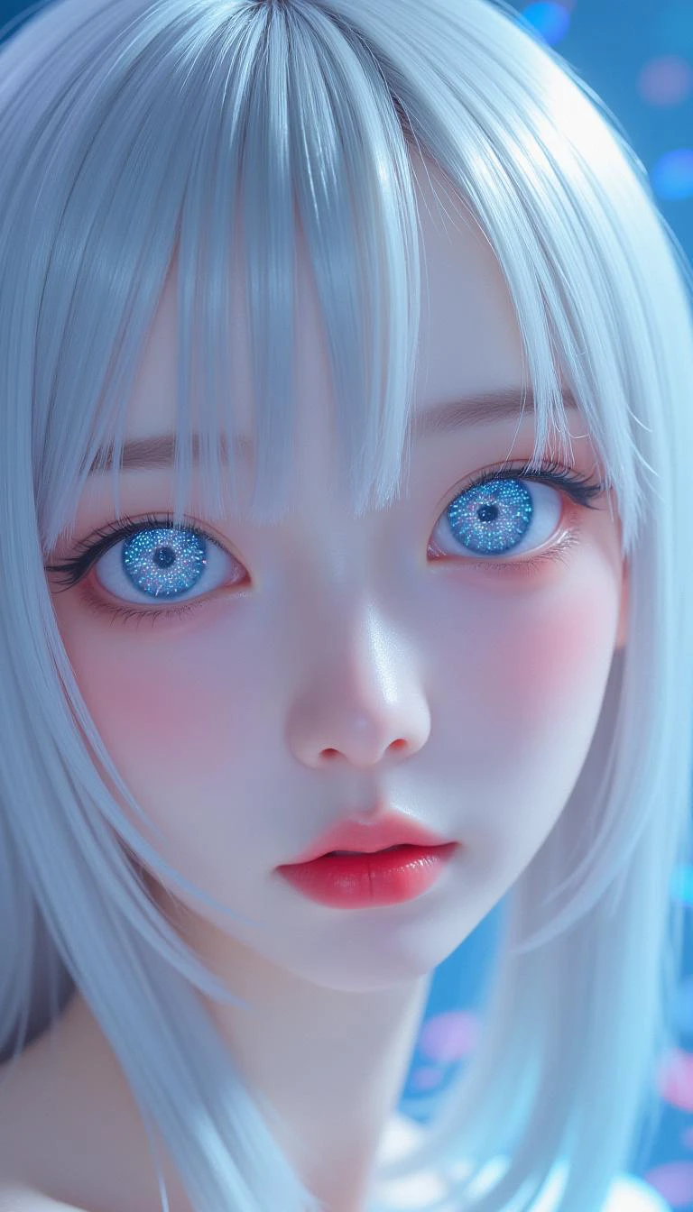 A close-up of a young girl shows her icy white hair with long side bangs, and pale skin with subtle hexagon textures. Her bright blue eyes, with circuitry-patterned pupils that almost glow, reflect digital patterns. Soft, colorful lighting casts abstract patterns across her face, creating a surreal atmosphere. Her deep red, glossy lips are perfectly shaped. The background is an abstract digital landscape with soft gradients and blurred forms, adding to the dreamy, otherworldly feel.