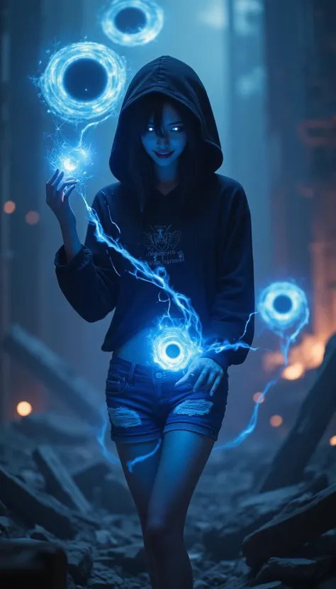 This is a highly realistic photograph set in an apocalyptic world. A hooded girl stands amid the ruins of destruction, her glowing blue eyes menacingly peering from beneath her hair, which partially covers one eye. She wears a sadistic grin as she casts powerful magic, with black hole-like energy emanating from her body. Surrounding her are spectral lights and magic circles, with energy swirling in the air as if the entire world is on the brink of collapse. Her outfit features shorts that highlight the contours of her hips, with the camera focusing on her waist and thighs, capturing intricate details.

The environment exudes a dark, abyssal atmosphere, with ghostly rings and dark energy blending in a surreal sci-fi setting. She stands superior over the crumbling world, looking down with a crazed, psychotic expression. This photo, filled with dramatic lighting and an eerie vibe, is ideal for projects requiring a dark, end-of-the-world aesthetic.