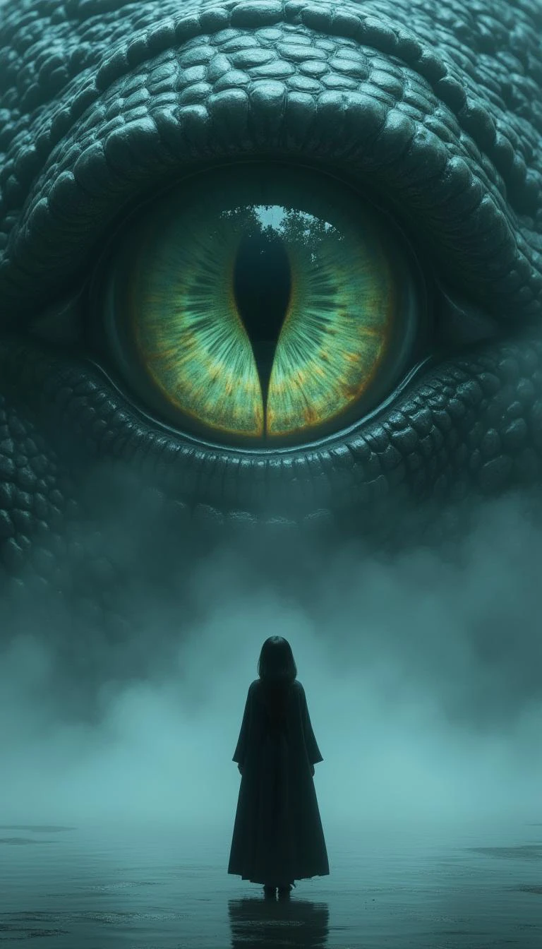 A massive reptilian eye dominates the entire frame, its slit-like pupil suggesting a powerful creature. The texture around the eye is rough and scaly, evoking ancient, weathered skin. Below, a solitary young girl in a flowing black robe stands before the eye, her figure tiny in comparison, emphasizing the vast difference in scale and power. She stands on a surface that appears to be water or mist, reflecting the eerie, otherworldly light surrounding the scene. The atmosphere is misty and dreamlike, evoking a sense of mystery and awe, creating a visually captivating scene.