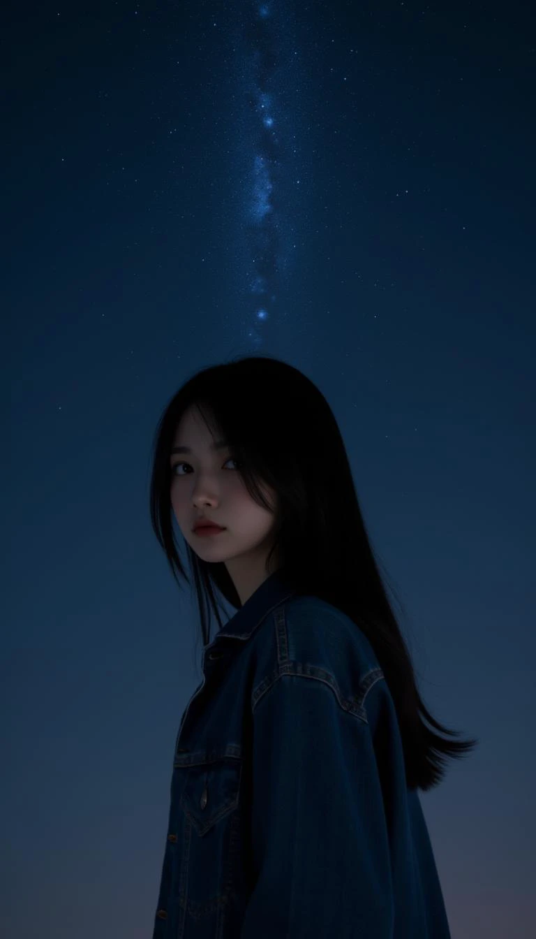 A realistic photo taken with a Canon RF85mm f/1.2 lens, featuring a girl with long black hair, dressed in denim. Captured in a cowboy shot style, the focus is on her upper body, against a simple background. The night sky is vast, adorned with a shimmering galaxy, creating a serene and solitary atmosphere. The composition is minimal yet artistic, with the galaxy complementing the girl's pose, evoking a sense of absolute field and dreamy ambiance.