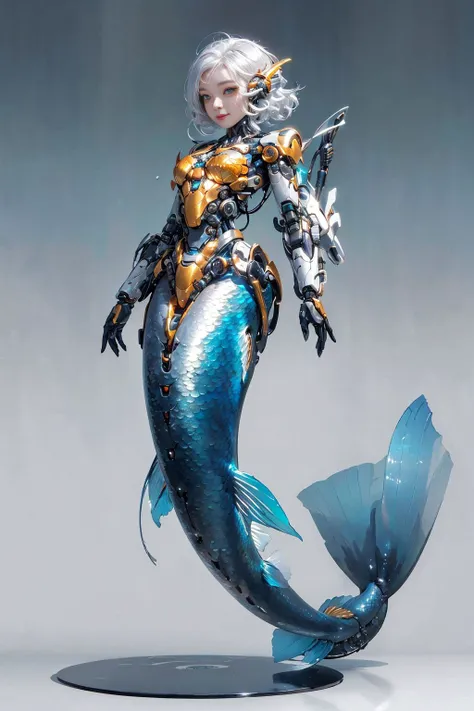 1girl,mecha,Fish ears, <lora:fish_ears_20230630143856-000018:0.8>,full body, mermaid, Mecha, (Mechanical fish tail), (Human arm: 1.2),simple background, golden color,mecha,, (masterpiece, best quality, high quality, highres, ultra-detailed),