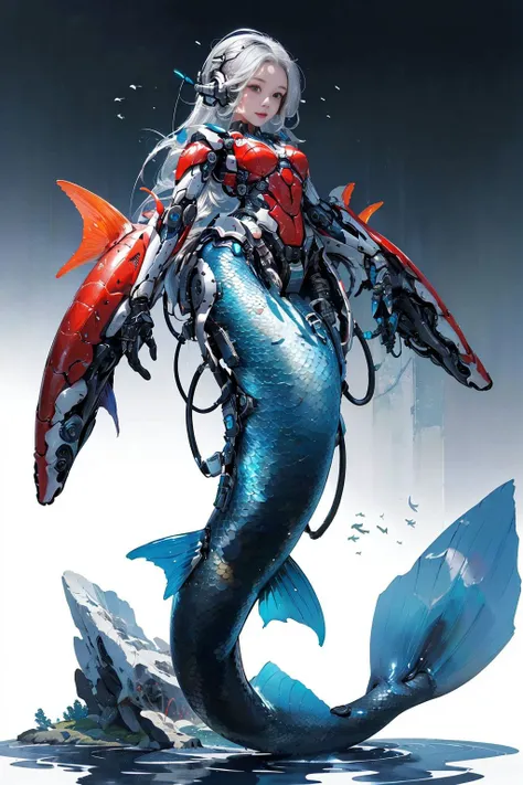 1girl,mecha,Fish ears, <lora:fish_ears_20230630143856-000018:0.8>,full body, mermaid, Mecha, (Mechanical fish tail), (Human arm: 1.2),simple background, red color,mecha,, (masterpiece, best quality, high quality, highres, ultra-detailed),