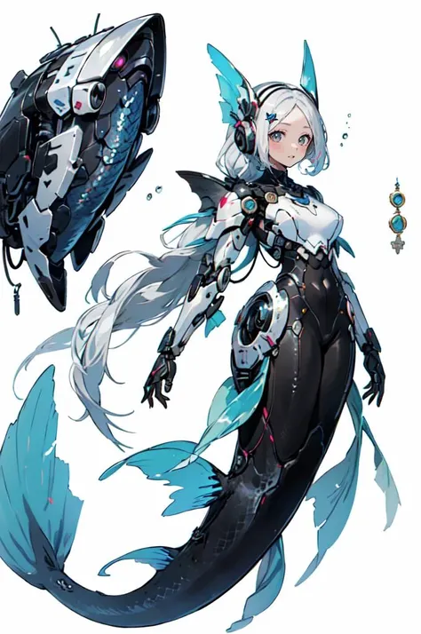 <lora:v1.0 fish ears_20230630143856-000018:0.7> Fish ear, Mermaid, (machine: 1.1), (Mecha: 1.1), (Mechanical fish tail: 1.5), (fin: 1.2), (Human arm: 1.2), underwater,, ultra detailed, masterpiece, best quality, aesthetic, detailed,, serious, 1girl, (white eyes:1.1), (grey eyes:1.3), white hair, very long hair, parted hair, parted bangs, <lora:parted_hair_v1.3:1.3>, medium breasts,, valkyrie, (bodysuit:1.1), pink wing hair ornament, grey armored skirt, black bodysuit, armor, gauntlets, pink breastplate, greaves, armored dress, pink hues,