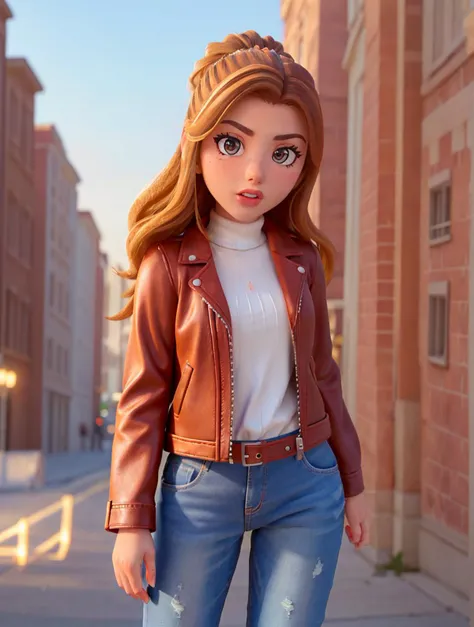AndreaBotez2023, closeup, detailed skin, long hair, streaked hair, blonde streaks, skin pores, focus on eyes, detailed eyes, brown eyes, 1girl, photorealistic, 8k, uhd, best quality, raw image, masterpiece, depth of field, turtleneck, brown hair, vibrant colors, jeans, leather jacket, sneakers, pixar style,, cinematic lighting