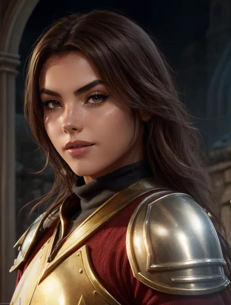 AndreaBotez2023, closeup, detailed skin, long wavy hair, skin pores, focus on eyes, detailed eyes, brown eyes, 1girl, smiling, photorealistic, 8k, uhd, best quality, raw image, masterpiece, depth of field, turtleneck, brown hair, medieval city, vibrant colors, epic fantasy, suit of armor, hyper realistic, cinematic lighting, warrior, warcraft armor, red streaks, action pose, epic castle,, cinematic lighting