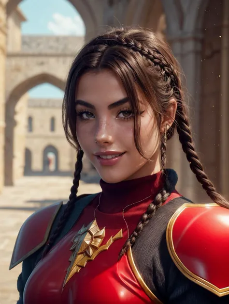 AndreaBotez2023, closeup, detailed skin, long wavy hair, skin pores, focus on eyes, detailed eyes, brown eyes, 1girl, smiling, photorealistic, 8k, uhd, best quality, raw image, masterpiece, depth of field, turtleneck, brown hair, medieval city, vibrant colors, epic fantasy, suit of armor, hyper realistic, cinematic lighting, warrior, warcraft armor, braids, red streaks, action pose,, cinematic lighting